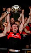 24 August 2025; Mount Leinster Rangers captain Kevin McDonald lifts the cup after the Carlow County Senior Club Hurling Championship final match between Naomh Moling and Mt Leinster Rangers at Netwatch Cullen Park in Carlow. Photo by Brendan Moran/Sportsfile