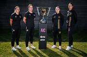 25 August 2025; In attendance, from left, Ellen Molloy of Wexford FC, Wexford FC captain Kylie Murphy, Bohemians captain and goalkeeper Rachel Kelly and Roisin McGovern of Bohemians during the All-Island Cup Final 2025 media day at FAI Headquarters in Abbotstown, Dublin. Photo by Ben McShane/Sportsfile