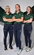 25 August 2025; The 2025 World Para Athletics Championships take place from 27 September to 5 October in New Delhi. Representing Team Ireland are, from left, Orla Comerford, Greta Streimikyte and Lana Sutton, pictured at the Sport Ireland Institute on the Sport Ireland Campus in Dublin. Photo by Sam Barnes/Sportsfile