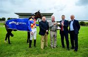 27 August 2025; In attendance at the launch of the BOYLE Sports Munster National at Limerick Racecourse are, from left, Jockey Paul O'Neill, Limerick Racecourse chief executive Michael Lynch, 2024 winning trainer Eric McNamara, BOYLE Sports senior media relations manager Brian O’Keeffe and representing Martinstown Stud, John Kiely. Photo by Brendan Moran/Sportsfile