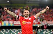 28 August 2025; Paddy Barrett of Shelbourne celebrates after the UEFA Conference League Play-off Round second leg match between Linfield and Shelbourne at the Clearer Twist National Football Stadium, Windsor Park in Belfast. Photo by Stephen McCarthy/Sportsfile