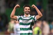 28 August 2025; Danny Mandroiu of Shamrock Rovers celebrates after his side's victory in the UEFA Conference League Play-off Round second leg match between Shamrock Rovers and CD Santa Clara at Tallaght Stadium in Dublin. Photo by David Fitzgerald/Sportsfile
