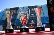 29 August 2025; The UEFA Europa League, UEFA Champions League and UEFA Conference League trophies before the 2025/26 UEFA Conference League phase draw at the Grimaldi Forum in Monaco. Photo by Pascal Della Zuana/Sportsfile