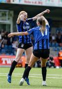 30 August 2025; Kelly Brady of Athlone Town, left, celebrates scoring her side's first goal with team captain Madison Gibson during the UEFA Women's Champions League Second Qualifying Round third-place match between Crvena Zvezda and Athlone Town at Sportpark Schreurserve in Enschede, Netherlands. Photo by Rico Brouwer/Sportsfile