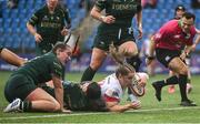 30 August 2025; Tara O'Neill of Ulster scores her side's first try during the Vodafone Women’s Interprovincial Championship 3rd/4th place play-off match between Connacht and Ulster at Energia Park in Dublin. Photo by Shauna Clinton/Sportsfile