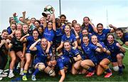 30 August 2025; The Leinster team celebrate with the cup after the PwC U-18 Girls Interprovincial Series final match between Leinster and Connacht at UCD in Dublin. Photo by Tyler Miller/Sportsfile