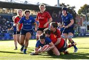 30 August 2025; Katie Whelan of Leinster scores her side's second try during the Vodafone Women’s Interprovincial Championship final match between Leinster and Munster at Energia Park in Dublin. Photo by Shauna Clinton/Sportsfile