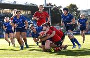 30 August 2025; Katie Whelan of Leinster scores her side's second try during the Vodafone Women’s Interprovincial Championship final match between Leinster and Munster at Energia Park in Dublin. Photo by Shauna Clinton/Sportsfile