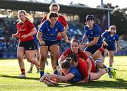 30 August 2025; Katie Whelan of Leinster scores her side's second try during the Vodafone Women’s Interprovincial Championship final match between Leinster and Munster at Energia Park in Dublin. Photo by Shauna Clinton/Sportsfile