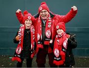 30 August 2025; Sligo Rovers supporters Shea Duffy, age 9, left, and Danny Duffy, age 7, with their grandfather Séamus Duffy before the SSE Airtricity Men's Premier Division match between Sligo Rovers and Bohemians at The Showgrounds in Sligo. Photo by Thomas Flinkow/Sportsfile