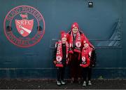 30 August 2025; Sligo Rovers supporters Shea Duffy, age 9, left, and Danny Duffy, age 7, with their grandfather Séamus Duffy before the SSE Airtricity Men's Premier Division match between Sligo Rovers and Bohemians at The Showgrounds in Sligo. Photo by Thomas Flinkow/Sportsfile