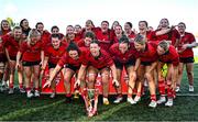 30 August 2025; Maeve Óg O'Leary of Munster, centre, celebrates with team-mates and the cup after the Vodafone Women’s Interprovincial Championship final match between Leinster and Munster at Energia Park in Dublin. Photo by Tyler Miller/Sportsfile
