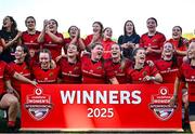 30 August 2025; The Munster team celebrate after the Vodafone Women’s Interprovincial Championship final match between Leinster and Munster at Energia Park in Dublin. Photo by Tyler Miller/Sportsfile