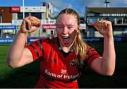 30 August 2025; Lily Morris of Munster celebrates after the Vodafone Women’s Interprovincial Championship final match between Leinster and Munster at Energia Park in Dublin. Photo by Tyler Miller/Sportsfile