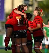 30 August 2025; Ciara McLoughlin, left, and Brianna Heylmann of Munster celebrate after the Vodafone Women’s Interprovincial Championship final match between Leinster and Munster at Energia Park in Dublin. Photo by Tyler Miller/Sportsfile