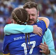 30 August 2025; Leinster head coach Ben Martin hugs Hannah Wilson of Leinster after the Vodafone Women’s Interprovincial Championship final match between Leinster and Munster at Energia Park in Dublin. Photo by Shauna Clinton/Sportsfile