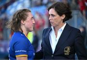 30 August 2025; Leinster Rugby President Moira Flahive speaks with Leinster captain Molly Boyne after the Vodafone Women’s Interprovincial Championship final match between Leinster and Munster at Energia Park in Dublin. Photo by Shauna Clinton/Sportsfile