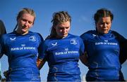 30 August 2025; Leinster players, from left, Clara Dunne, Heidi Lyons and Meabh Keegan after the Vodafone Women’s Interprovincial Championship final match between Leinster and Munster at Energia Park in Dublin. Photo by Shauna Clinton/Sportsfile