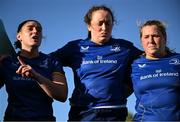 30 August 2025; Leinster players, from left, Katie Whelan, Clodagh Dunne and Katie Layde after the Vodafone Women’s Interprovincial Championship final match between Leinster and Munster at Energia Park in Dublin. Photo by Shauna Clinton/Sportsfile