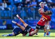 30 August 2025; Clara Dunne of Leinster is tackled by Alana McInerney of Munster during the Vodafone Women’s Interprovincial Championship final match between Leinster and Munster at Energia Park in Dublin. Photo by Shauna Clinton/Sportsfile