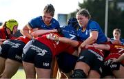 30 August 2025; Aoife Moore of Leinster, left, and team-mate Hannah Wilson during the Vodafone Women’s Interprovincial Championship final match between Leinster and Munster at Energia Park in Dublin. Photo by Shauna Clinton/Sportsfile