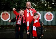 30 August 2025; Sligo Rovers supporters, from left, Danny, age 11, Joe, and Alfie Scanlon, age 8, before the SSE Airtricity Men's Premier Division match between Sligo Rovers and Bohemians at The Showgrounds in Sligo. Photo by Thomas Flinkow/Sportsfile