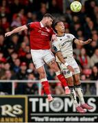 30 August 2025; Douglas James Taylor of Bohemians in action against Patrick McClean of Sligo Rovers during the SSE Airtricity Men's Premier Division match between Sligo Rovers and Bohemians at The Showgrounds in Sligo. Photo by Thomas Flinkow/Sportsfile