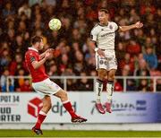 30 August 2025; Ollie Denham of Sligo Rovers in action against Douglas James Taylor of Bohemians during the SSE Airtricity Men's Premier Division match between Sligo Rovers and Bohemians at The Showgrounds in Sligo. Photo by Thomas Flinkow/Sportsfile