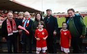30 August 2025; Pictured are, from left to right, Shane Martin, Macdara Feighan, Frank Feighan TD, former Minister for Tourism, Culture, Arts, Gaeltacht, Sport and Media, Catherine Martin, Jack Martin, front, former Green Party TD Francis Noel Duffy, Jules Martin, and former Green Party senator Vincent P. Martin before the SSE Airtricity Men's Premier Division match between Sligo Rovers and Bohemians at The Showgrounds in Sligo. Photo by Thomas Flinkow/Sportsfile