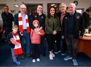 30 August 2025; Pictured are, from left to right, Macdara Feighan, Frank Feighan TD, Cllr Fergal Nealon, former Minister for Tourism, Culture, Arts, Gaeltacht, Sport and Media, Catherine Martin, Sligo Rovers chairman Tommy Higgins, and former Fine Gael TD Tony McLoughlin before the SSE Airtricity Men's Premier Division match between Sligo Rovers and Bohemians at The Showgrounds in Sligo. Photo by Thomas Flinkow/Sportsfile