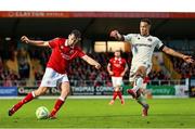 30 August 2025; Ollie Denham of Sligo Rovers in action against Douglas James Taylor of Bohemians during the SSE Airtricity Men's Premier Division match between Sligo Rovers and Bohemians at The Showgrounds in Sligo. Photo by Thomas Flinkow/Sportsfile