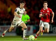 30 August 2025; Niall Morahan of Bohemians in action against Will Fitzgerald of Sligo Rovers during the SSE Airtricity Men's Premier Division match between Sligo Rovers and Bohemians at The Showgrounds in Sligo. Photo by Thomas Flinkow/Sportsfile