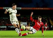 30 August 2025; Dayle Rooney of Bohemians in action against Matty Wolfe of Sligo Rovers during the SSE Airtricity Men's Premier Division match between Sligo Rovers and Bohemians at The Showgrounds in Sligo. Photo by Thomas Flinkow/Sportsfile