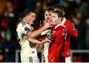 30 August 2025; Cian Byrne of Bohemians and Will Fitzgerald of Sligo Rovers tussle after the drawn SSE Airtricity Men's Premier Division match between Sligo Rovers and Bohemians at The Showgrounds in Sligo. Photo by Thomas Flinkow/Sportsfile