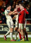 30 August 2025; Cian Byrne of Bohemians and Will Fitzgerald of Sligo Rovers tussle after the drawn SSE Airtricity Men's Premier Division match between Sligo Rovers and Bohemians at The Showgrounds in Sligo. Photo by Thomas Flinkow/Sportsfile