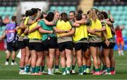 31 August 2025; Ireland players huddle before the Women's Rugby World Cup 2025 Pool C match between Ireland and Spain at Franklin's Gardens in Northampton, England. Photo by Harry Murphy/Sportsfile