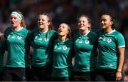31 August 2025; Ireland players including Emily Lane, centre, sing Ireland's Call before the Women's Rugby World Cup 2025 Pool C match between Ireland and Spain at Franklin's Gardens in Northampton, England. Photo by Harry Murphy/Sportsfile