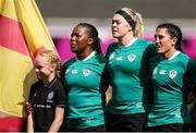 31 August 2025; Ireland players, from left, Linda Djougang, Sam Monaghan and Amee Leigh Costigan before the Women's Rugby World Cup 2025 Pool C match between Ireland and Spain at Franklin's Gardens in Northampton, England. Photo by Harry Murphy/Sportsfile