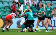 31 August 2025; Dannah O'Brien of Ireland scores her side's first try as team-mates Linda Djougang, Stacey Flood and Anna McGann rush to celebrate with her during the Women's Rugby World Cup 2025 Pool C match between Ireland and Spain at Franklin's Gardens in Northampton, England. Photo by Harry Murphy/Sportsfile