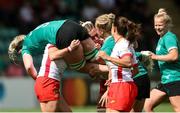 31 August 2025; Sam Monaghan of Ireland is tackled by Ana Peralta Baquet of Spain during the Women's Rugby World Cup 2025 Pool C match between Ireland and Spain at Franklin's Gardens in Northampton, England. Photo by Harry Murphy/Sportsfile