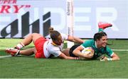 31 August 2025; Amee Leigh Costigan of Ireland scores her side's second try despite the attention of Amalia Argudo of Spain during the Women's Rugby World Cup 2025 Pool C match between Ireland and Spain at Franklin's Gardens in Northampton, England. Photo by Harry Murphy/Sportsfile