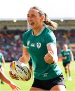 31 August 2025; Anna McGann of Ireland celebrates after scoring her side's seventh try during the Women's Rugby World Cup 2025 Pool C match between Ireland and Spain at Franklin's Gardens in Northampton, England. Photo by Harry Murphy/Sportsfile