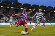 31 August 2025; Owen Lambe of Drogheda United in action against Aaron McEneff of Shamrock Rovers during the SSE Airtricity Men's Premier Division match between Shamrock Rovers and Drogheda United at Tallaght Stadium in Dublin. Photo by Stephen McCarthy/Sportsfile
