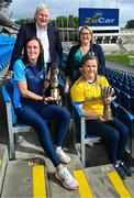 3 September 2025; Dublin star Hannah Tyrrell, 2025 ZuCar Golden Boot award winner, left, and Roscommon goalkeeper Helena Cummins, 2025 ZuCar Golden Glove award winner, are presented with their awards by Gavin Hydes, CEO, Joe Duffy Group and LGFA President Trina Murray at Croke Park in Dublin. Photo by Piaras Ó Mídheach/Sportsfile