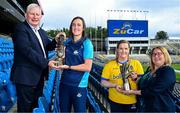 3 September 2025; Dublin star Hannah Tyrrell, 2025 ZuCar Golden Boot award winner, second from left, and Roscommon goalkeeper Helena Cummins, 2025 ZuCar Golden Glove award winner, are presented with their awards by Gavin Hydes, CEO, Joe Duffy Group and LGFA President Trina Murray at Croke Park in Dublin. Photo by Piaras Ó Mídheach/Sportsfile