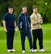 3 September 2025; Leinster and Ireland rugby player Dan Sheehan, left, Ireland rugby assistant coach Jonathan Sexton, centre, and Leinster and Ireland rugby player Josh van der Flier during the Pro AM ahead of the Amgen Irish Open Golf Championship 2025 at The K Club in Straffan, Kildare. Photo by Ramsey Cardy/Sportsfile