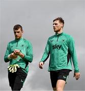 3 September 2025; Jake O'Brien and goalkeeper Mark Travers, left, during a Republic of Ireland training session at the FAI National Training Centre in Abbotstown, Dublin. Photo by Stephen McCarthy/Sportsfile