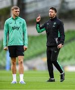 4 September 2025; Assistant coach Paddy McCarthy and Jack Taylor, left, during a Republic of Ireland training session at the Aviva Stadium in Dublin. Photo by Stephen McCarthy/Sportsfile