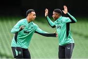 4 September 2025; Chiedozie Ogbene, right, and Adam Idah during a Republic of Ireland training session at the Aviva Stadium in Dublin. Photo by Stephen McCarthy/Sportsfile