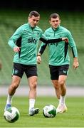 4 September 2025; Josh Cullen and Jason Knight, right, during a Republic of Ireland training session at the Aviva Stadium in Dublin. Photo by Stephen McCarthy/Sportsfile